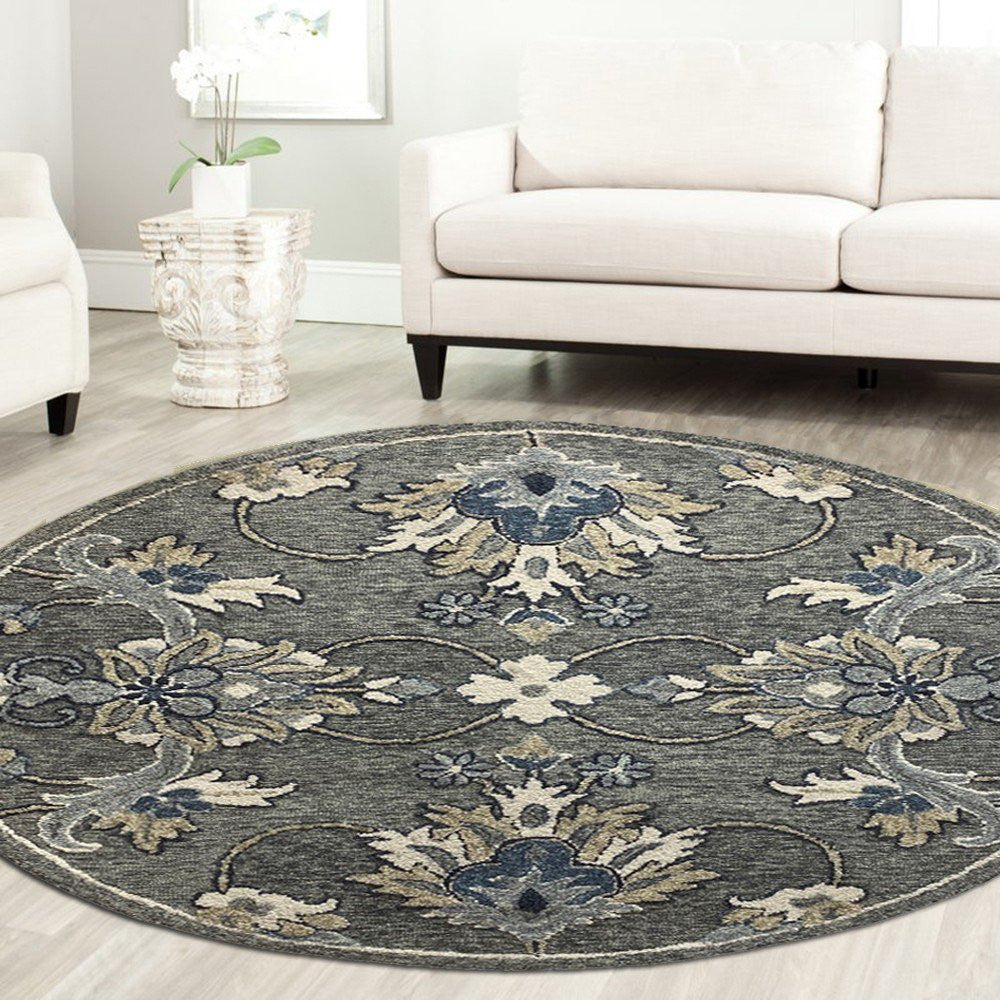 5' Gray Round Wool Hand Hooked Handmade Area Rug