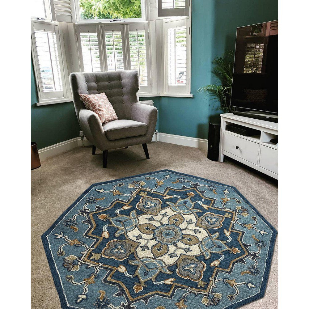 5' Blue And Ivory Round Wool Hand Hooked Handmade Area Rug