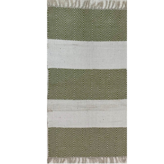 2' X 4' Green And White Dhurrie Hand Woven Area Rug