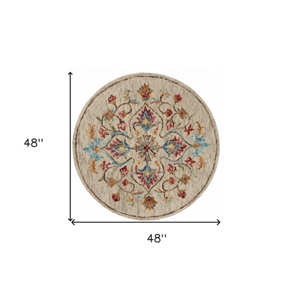 4’ Round Beige Floral Medallion Area Rug