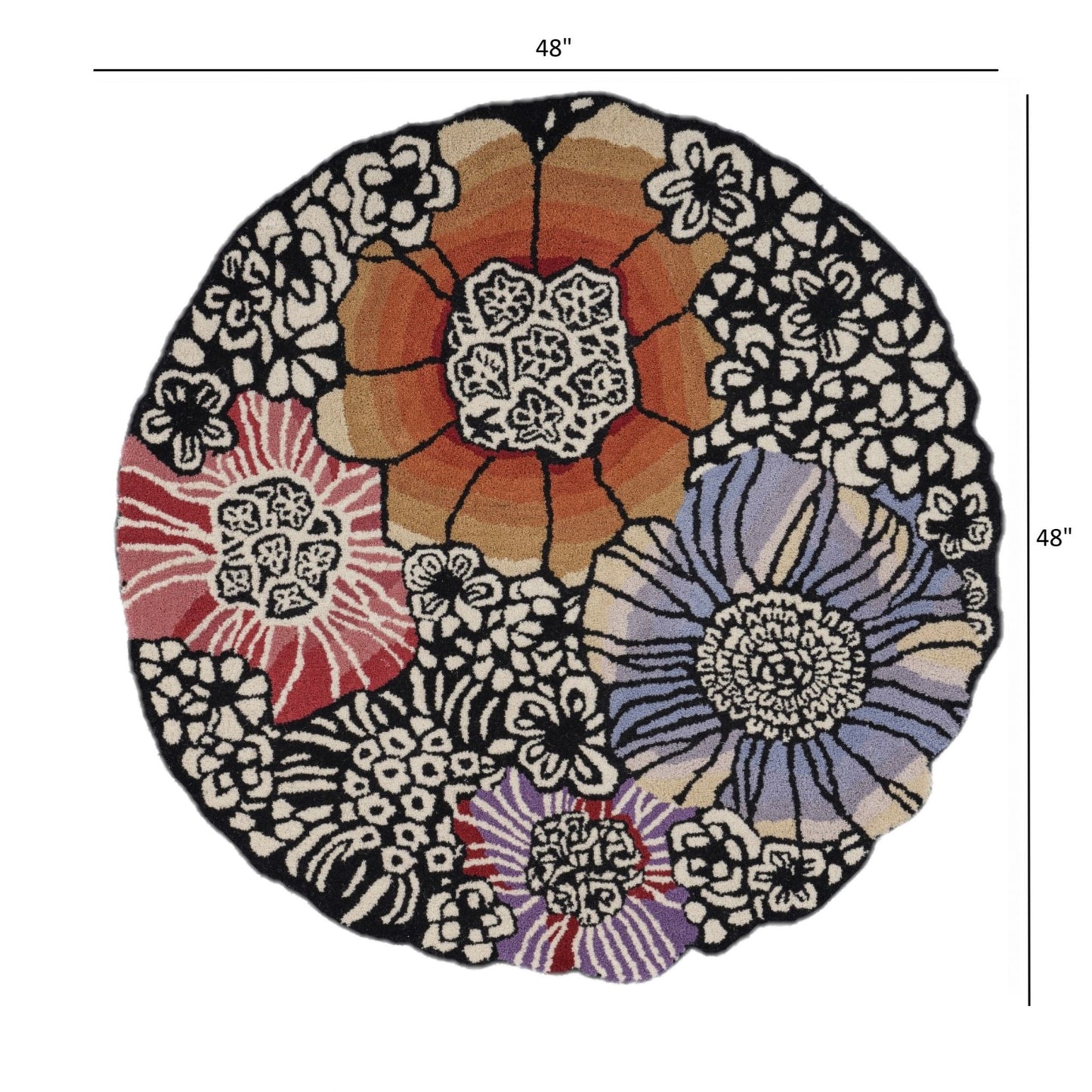 4’ Round Red and Black Floral Area Rug