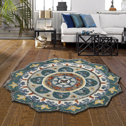 4’ Round Teal Decorative Floral Area Rug