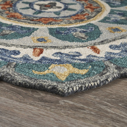 4’ Round Teal Decorative Floral Area Rug