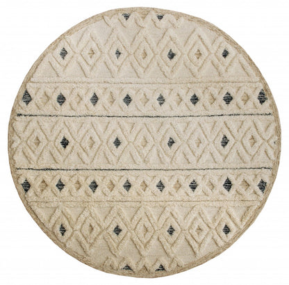 4’ Round Cream and Blue Stripe Diamond Area Rug