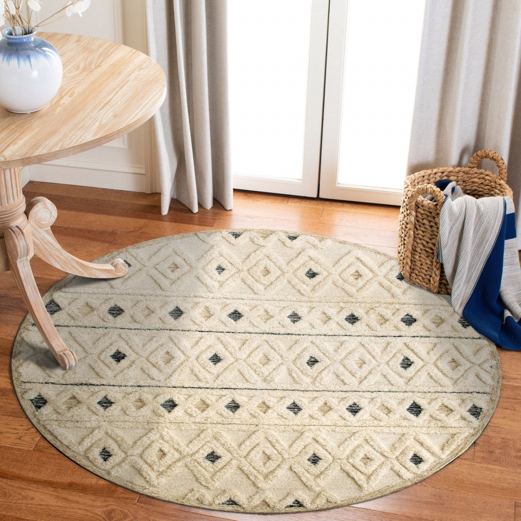 4’ Round Cream and Blue Stripe Diamond Area Rug