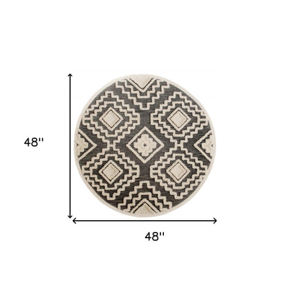 4’ Round Gray and Cream Geometric Area Rug