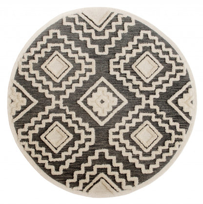 4’ Round Gray and Cream Geometric Area Rug