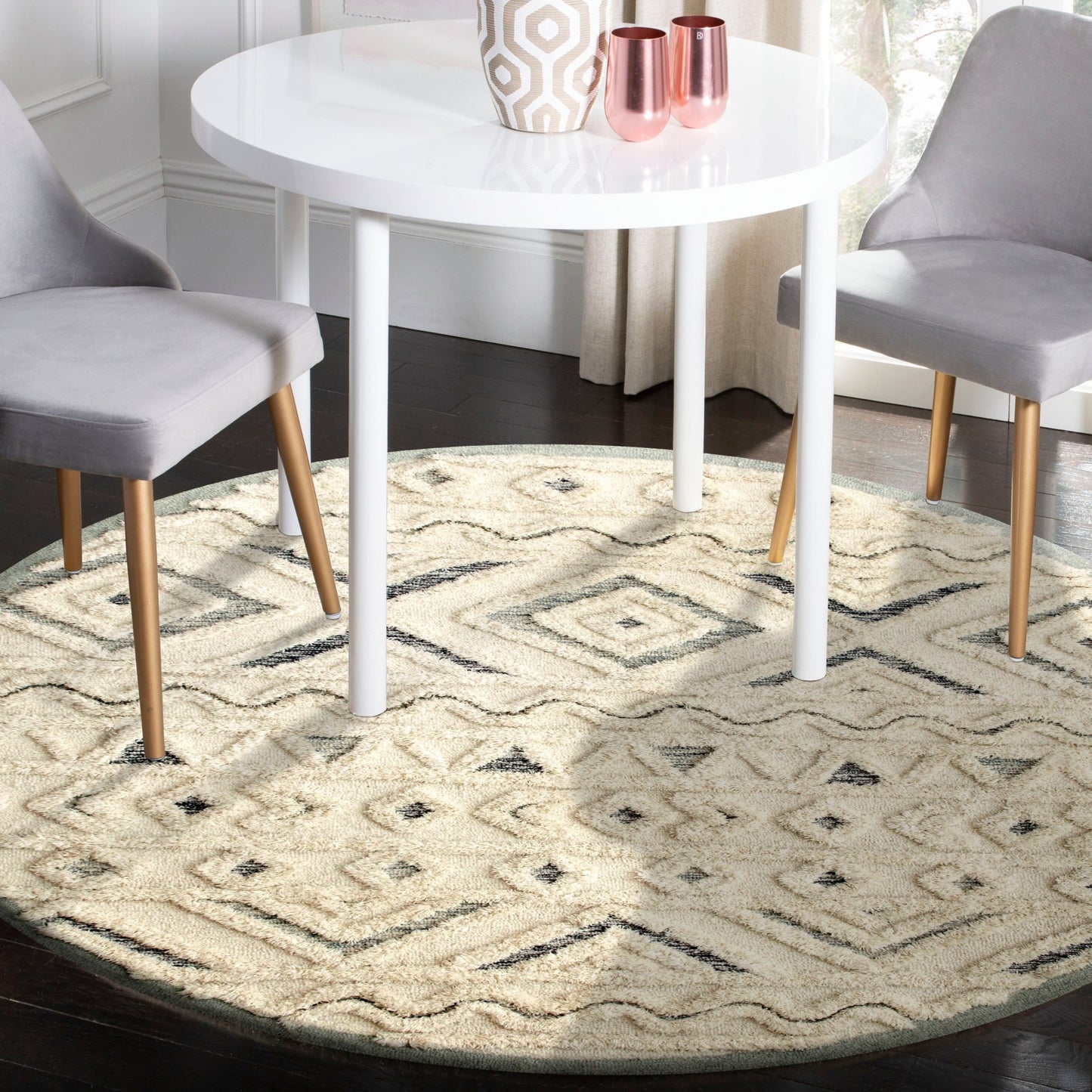 4’ Round Cream Modern Geometric Area Rug