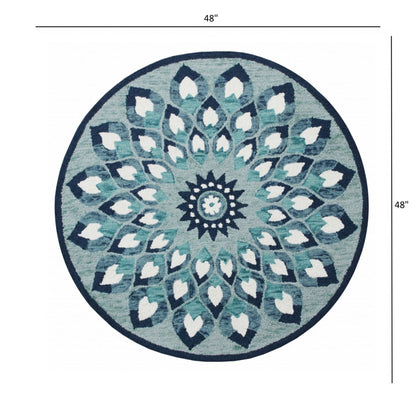 4’ Round Blue and White Floral Feather Area Rug