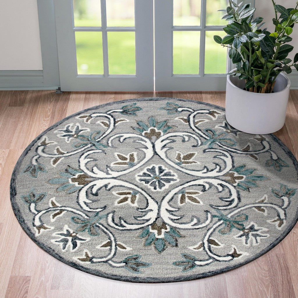 4’ Round Gray and White Filigree Area Rug