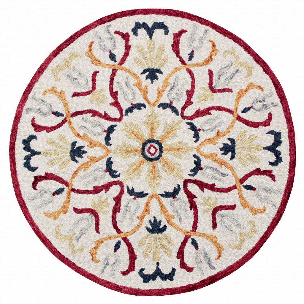 4’ Round Red and Ivory Floral Filigree Area Rug