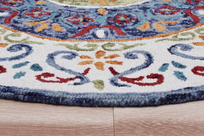 4’ Round Blue and White Ornate Medallion Area Rug