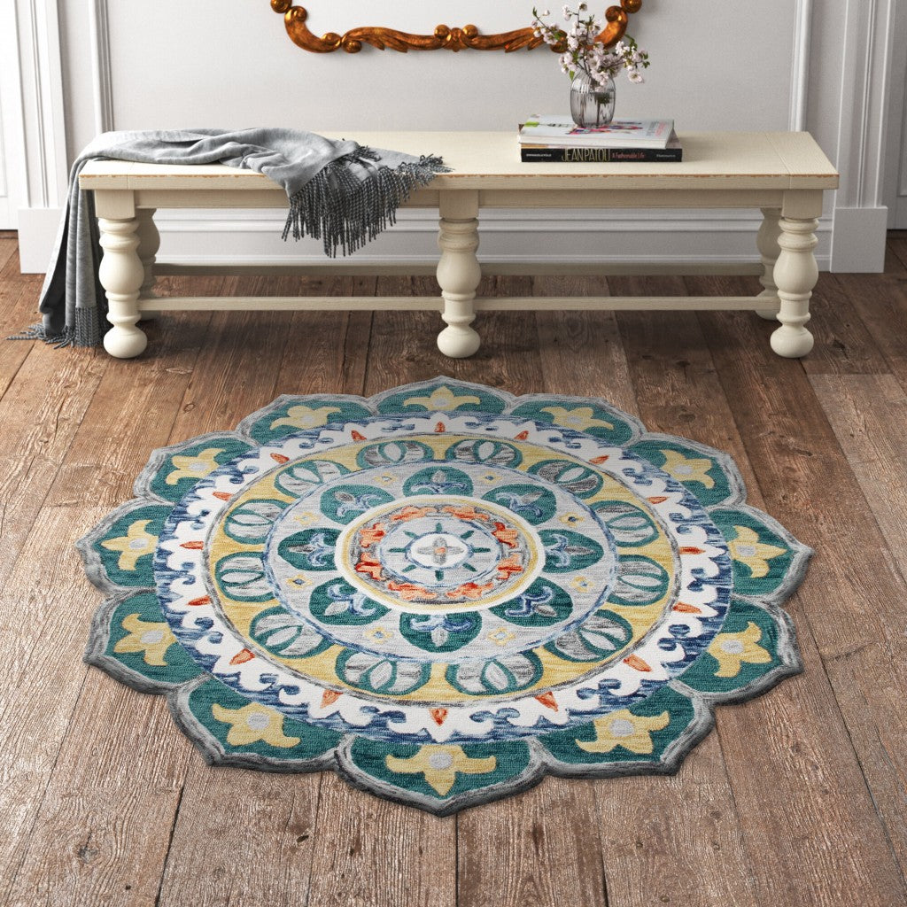 4’ Round Teal Floral Mandala Area Rug