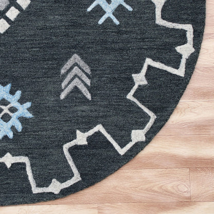 5' Charcoal Round Wool Hand Hooked Handmade Area Rug