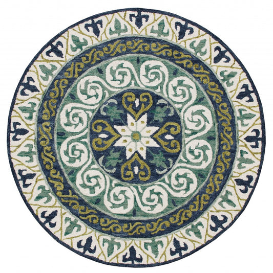 5’ Round Blue and Green Ornate Medallion Area Rug