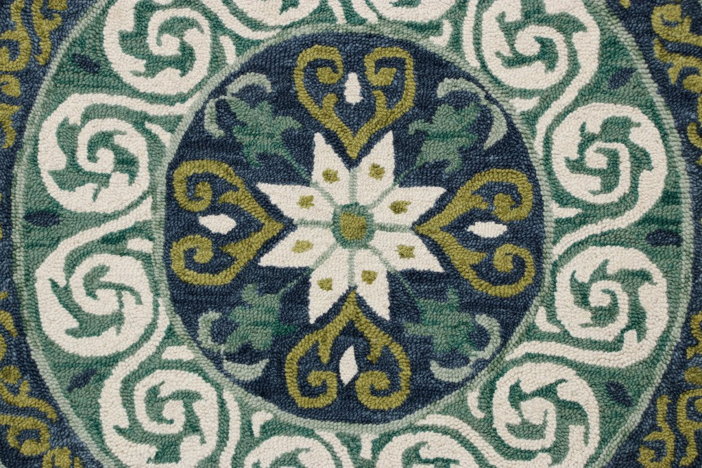 5’ Round Blue and Green Ornate Medallion Area Rug