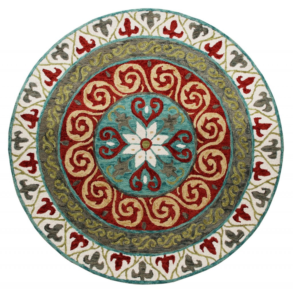 5’ Round Red and Sage Medallion Area Rug