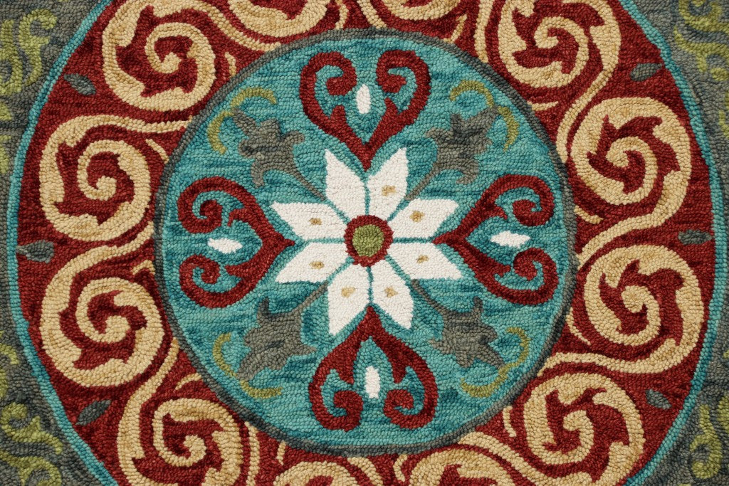 5’ Round Red and Sage Medallion Area Rug