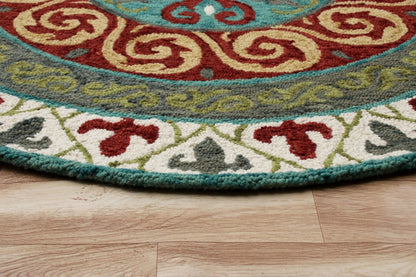 5’ Round Red and Sage Medallion Area Rug