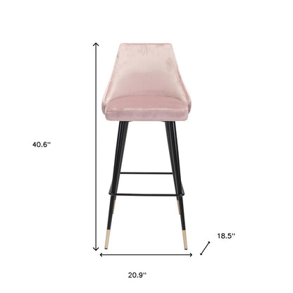 30" Pink And Black Velvet And Steel Bar Height Bar Chair