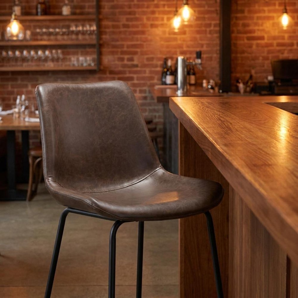 31" Brown And Black Faux Leather And Steel Low Back Bar Height Bar Chair — view 11