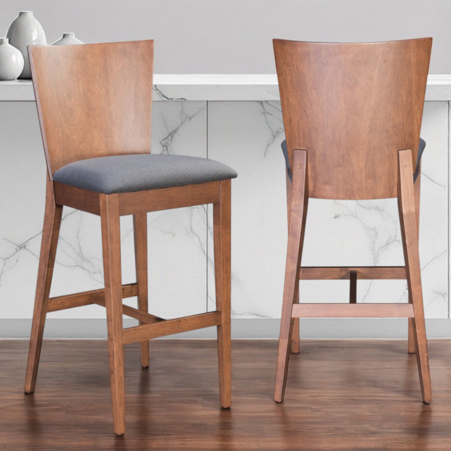 Set of Two 29" Gray And Brown Solid Wood Low Back Bar Height Bar Chairs