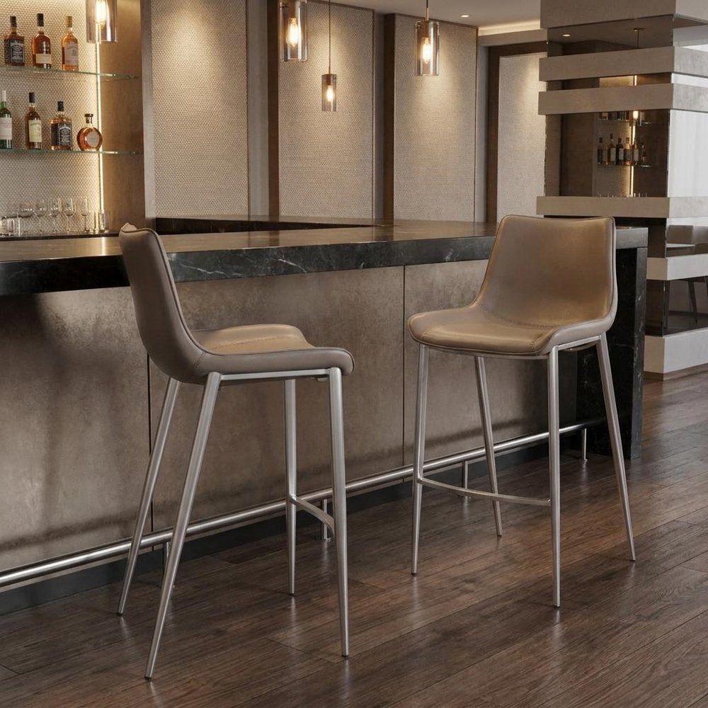 Set of Two 30" Gray And Silver Faux Leather And Steel Low Back Bar Height Bar Chairs — view 10