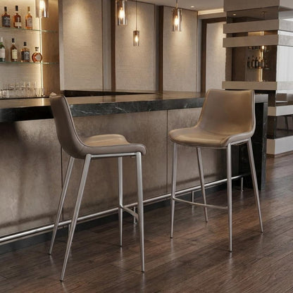 Set of Two 30" Gray And Silver Faux Leather And Steel Low Back Bar Height Bar Chairs HomeRoots
