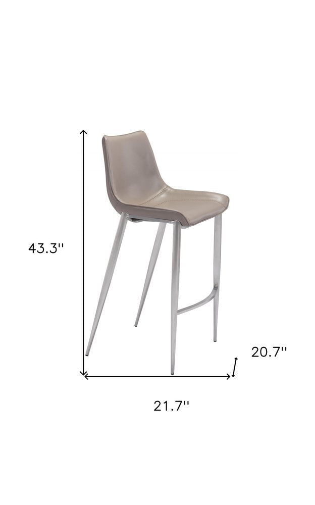 Set of Two 30" Gray And Silver Faux Leather And Steel Low Back Bar Height Bar Chairs HomeRoots