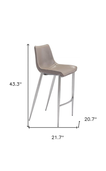 Set of Two 30" Gray And Silver Faux Leather And Steel Low Back Bar Height Bar Chairs HomeRoots