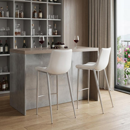 Set of Two 30" White And Silver Faux Leather And Steel Low Back Bar Height Bar Chairs HomeRoots