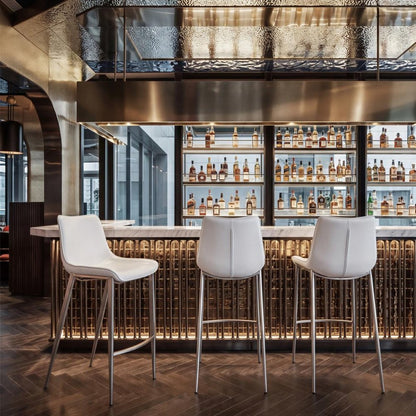 Set of Two 30" White And Silver Faux Leather And Steel Low Back Bar Height Bar Chairs HomeRoots