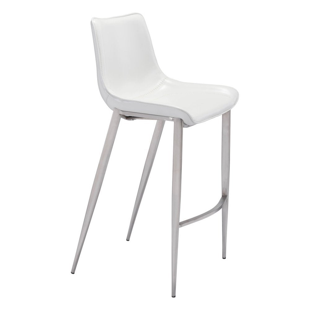 Set of Two 30" White And Silver Faux Leather And Steel Low Back Bar Height Bar Chairs HomeRoots