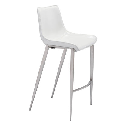 Set of Two 30" White And Silver Faux Leather And Steel Low Back Bar Height Bar Chairs HomeRoots