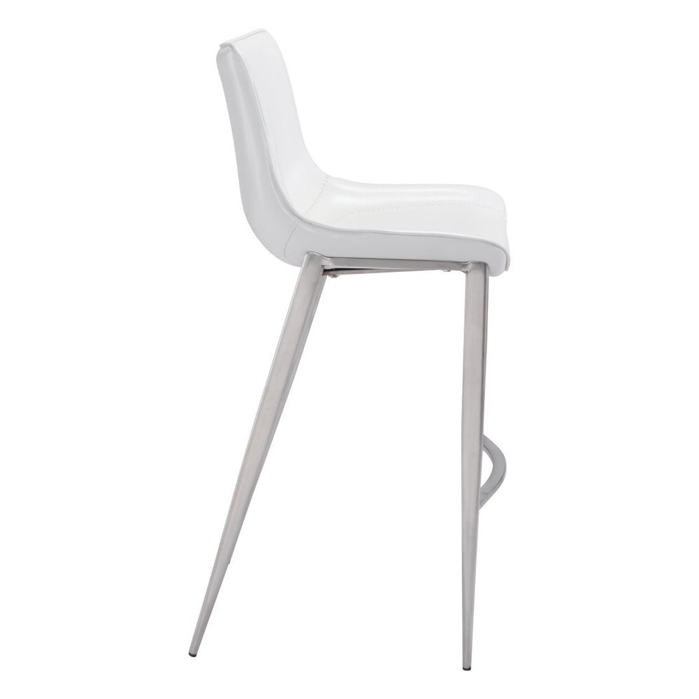 Set of Two 30" White And Silver Faux Leather And Steel Low Back Bar Height Bar Chairs HomeRoots