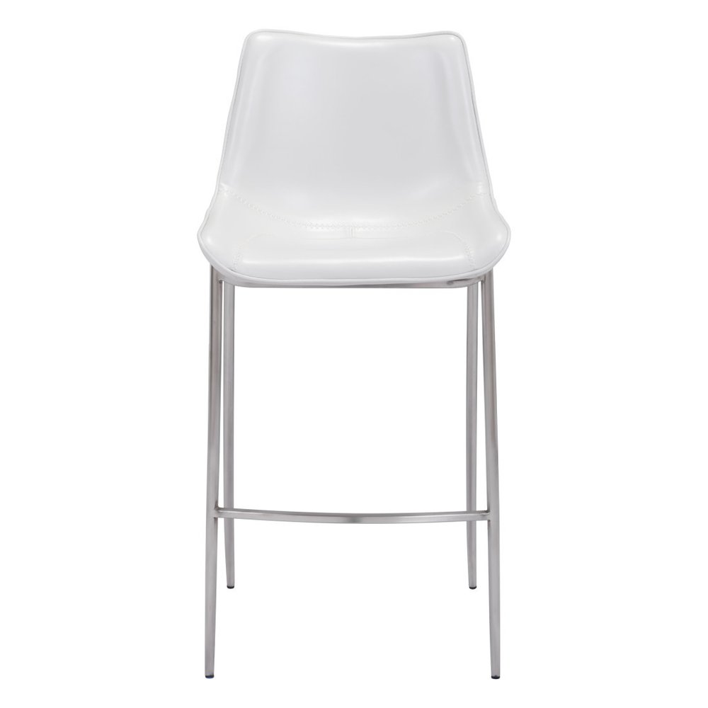 Set of Two 30" White And Silver Faux Leather And Steel Low Back Bar Height Bar Chairs HomeRoots