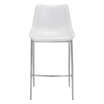 Set of Two 30" White And Silver Faux Leather And Steel Low Back Bar Height Bar Chairs HomeRoots