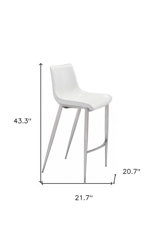 Set of Two 30" White And Silver Faux Leather And Steel Low Back Bar Height Bar Chairs HomeRoots