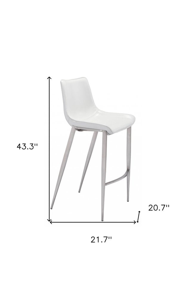 Set of Two 30" White And Silver Faux Leather And Steel Low Back Bar Height Bar Chairs HomeRoots