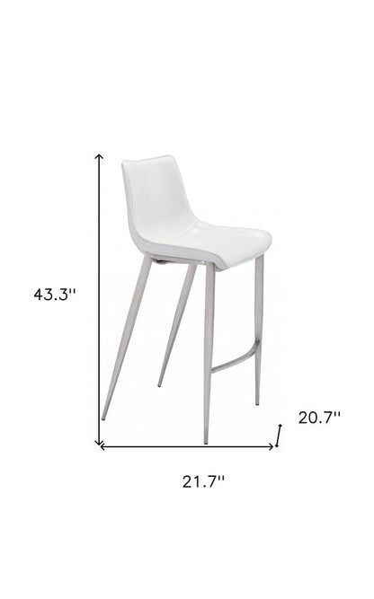 Set of Two 30" White And Silver Faux Leather And Steel Low Back Bar Height Bar Chairs HomeRoots