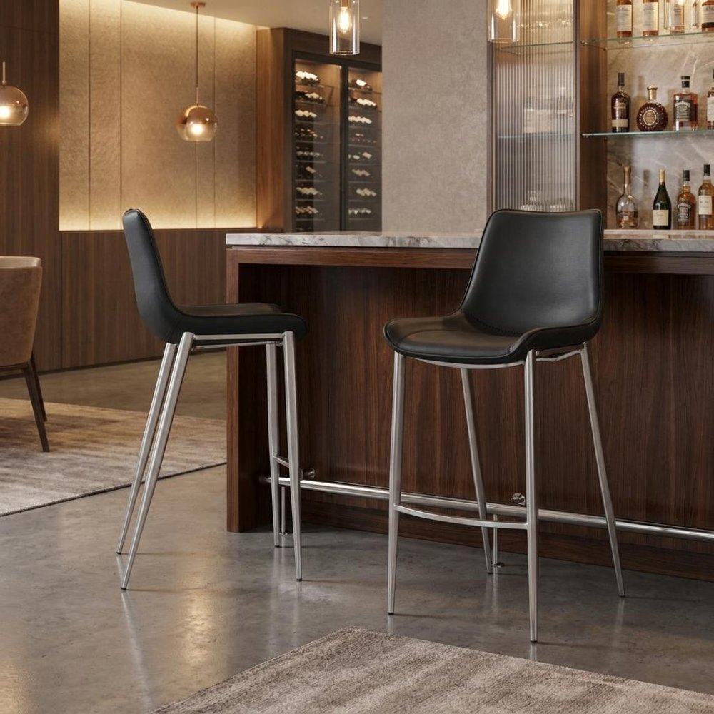 Set of Two 30" Black And Silver Faux Leather And Steel Low Back Bar Height Bar Chairs HomeRoots