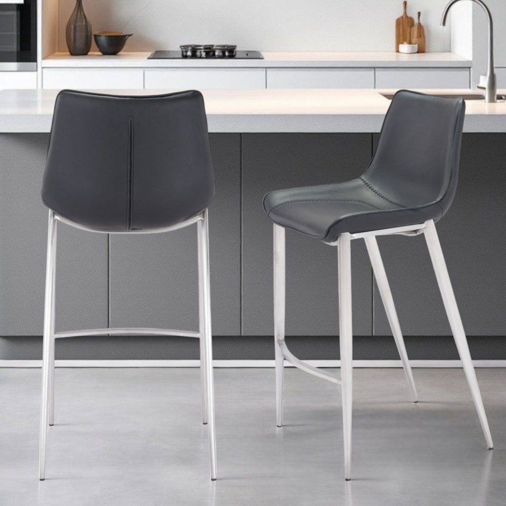 Set of Two 30" Black And Silver Steel Low Back Bar Height Bar Chairs HomeRoots