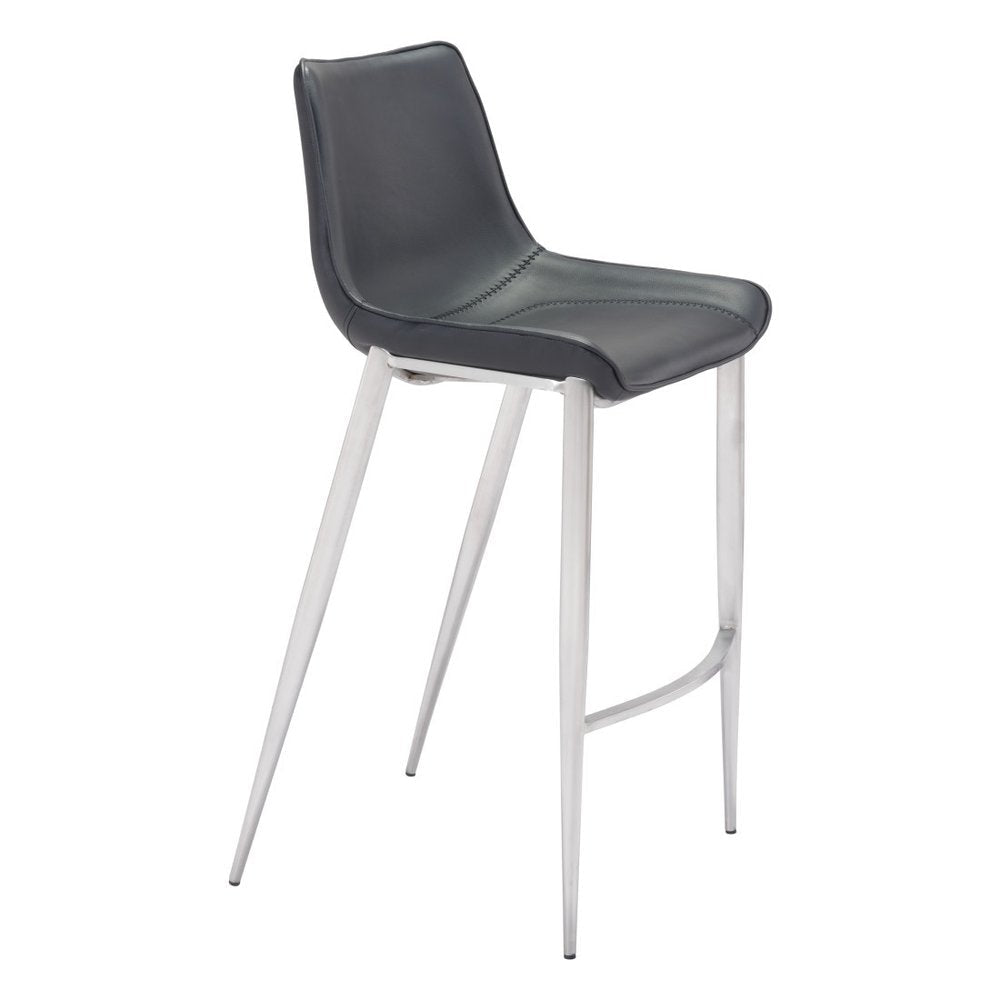 Set of Two 30" Black And Silver Faux Leather And Steel Low Back Bar Height Bar Chairs HomeRoots