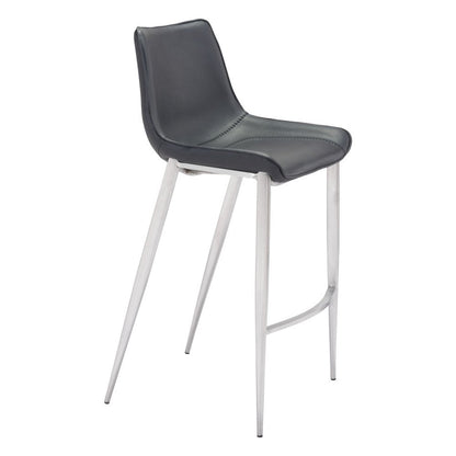 Set of Two 30" Black And Silver Faux Leather And Steel Low Back Bar Height Bar Chairs HomeRoots