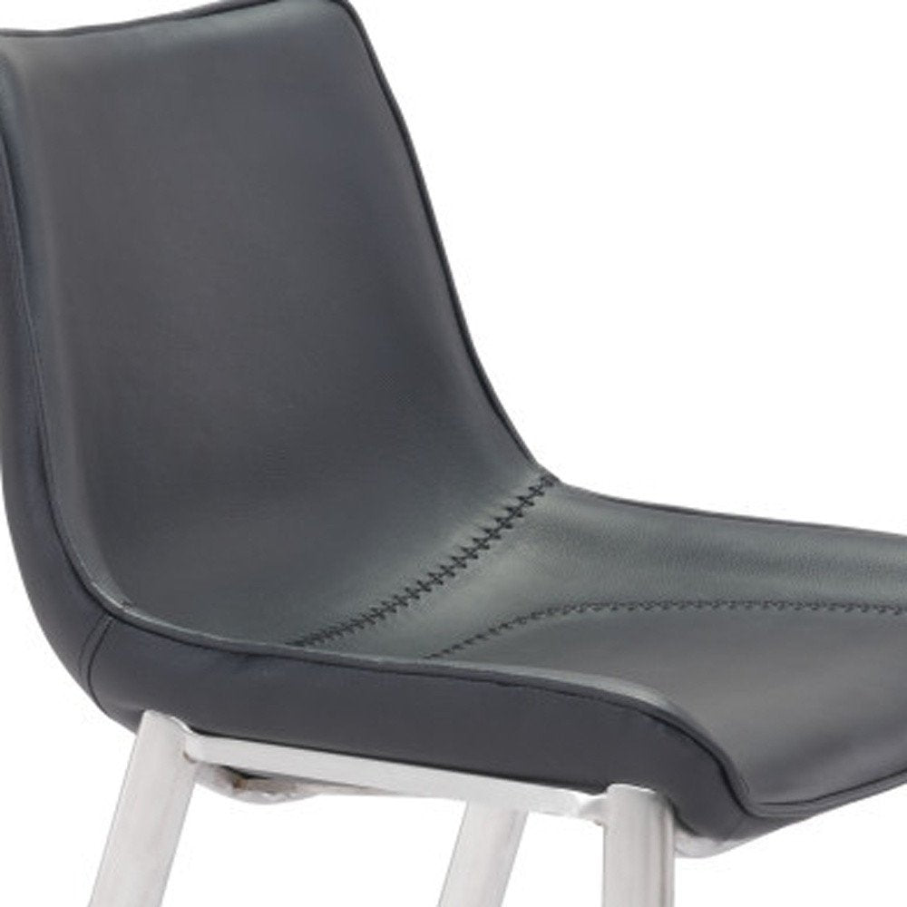 Set of Two 30" Black And Silver Faux Leather And Steel Low Back Bar Height Bar Chairs HomeRoots