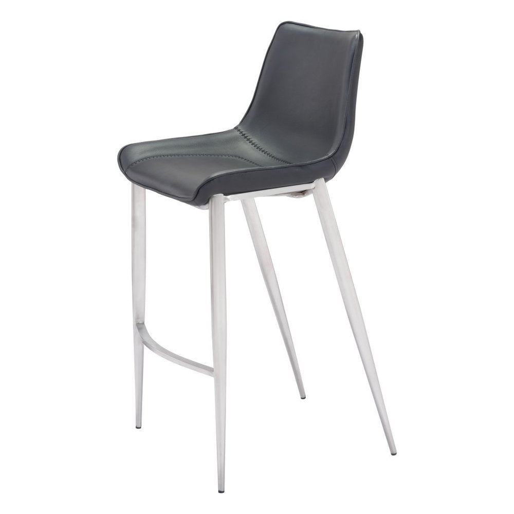 Set of Two 30" Black And Silver Faux Leather And Steel Low Back Bar Height Bar Chairs HomeRoots