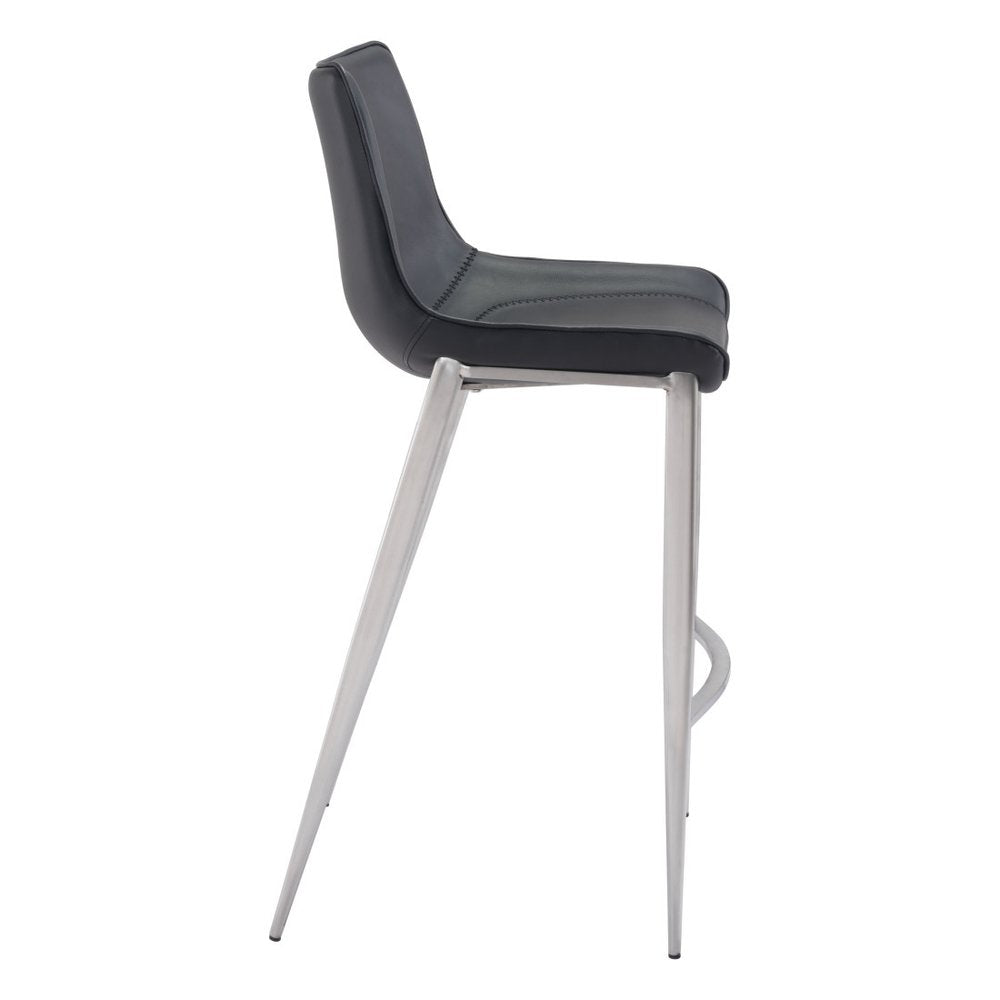 Set of Two 30" Black And Silver Faux Leather And Steel Low Back Bar Height Bar Chairs HomeRoots