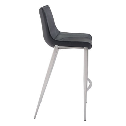 Set of Two 30" Black And Silver Faux Leather And Steel Low Back Bar Height Bar Chairs HomeRoots