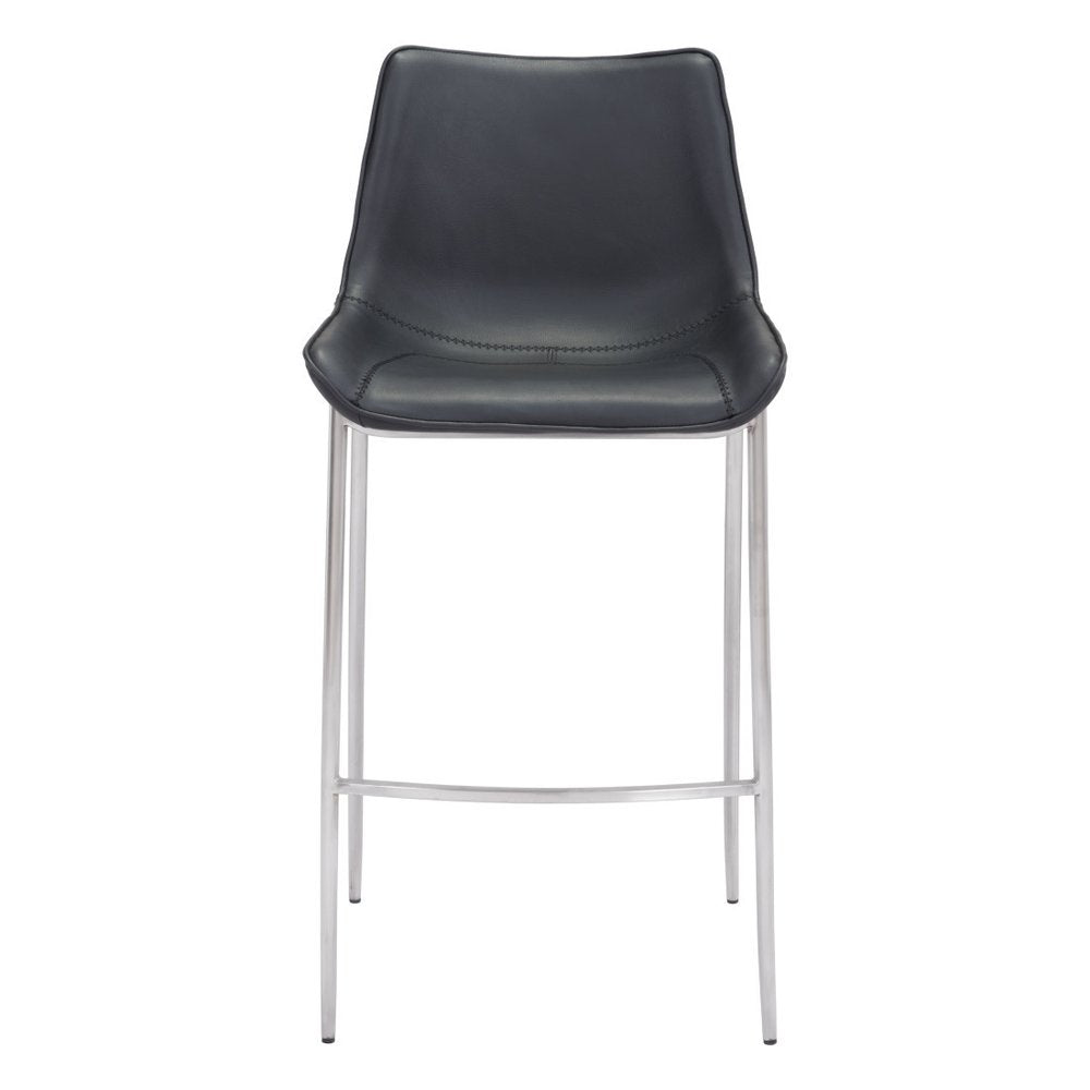 Set of Two 30" Black And Silver Faux Leather And Steel Low Back Bar Height Bar Chairs HomeRoots