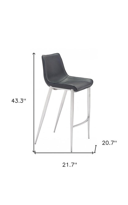 Set of Two 30" Black And Silver Faux Leather And Steel Low Back Bar Height Bar Chairs HomeRoots
